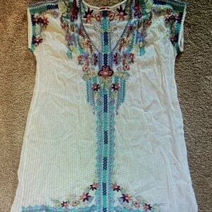 Johnny Was Tunic Mini Dress Embroidered V Neck White Blue Pink Size XS